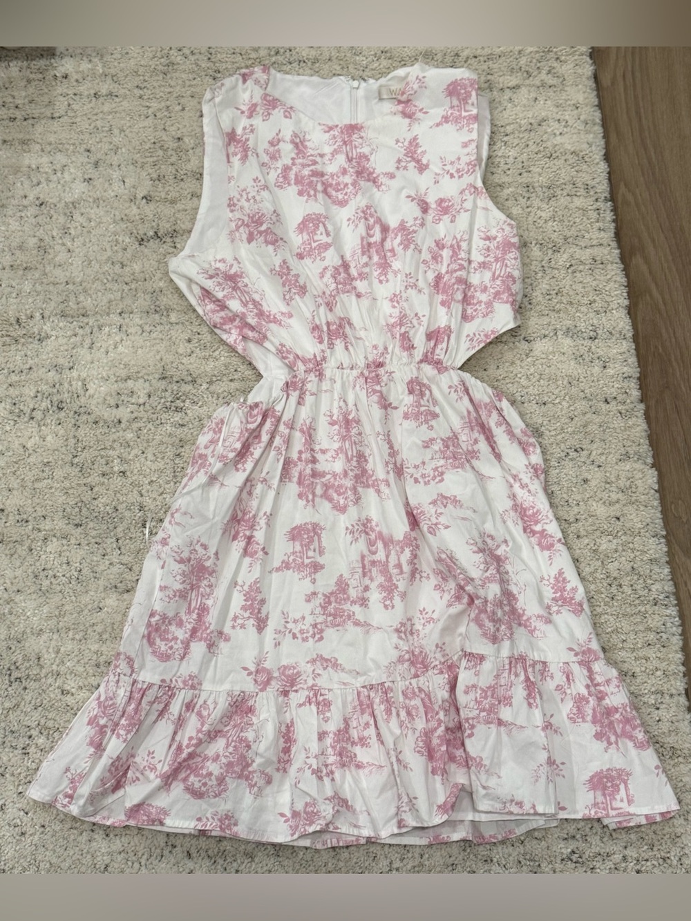 WAYF Pink White Toile Print Sleeveless Cutout Fit & Flare Dress Size M medium